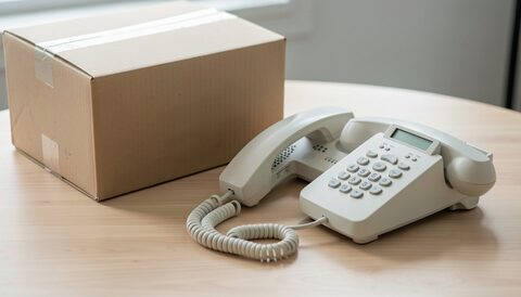 Two unplugged household telephones lying side by side on a table, their cords coiled loosely between them, a closed cardboard box at the edge of the frame in soft side light.