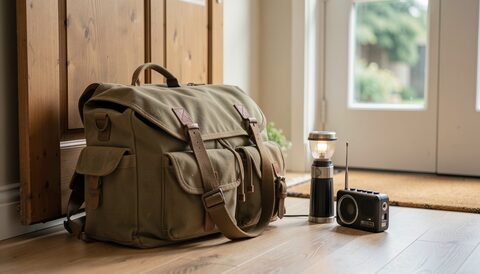 A packed canvas bag on the floor beside a front door, a pocket torch and a small portable radio on the mat, a pair of shoes set straight against the wall.