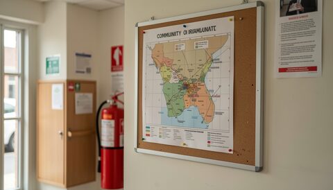 A community noticeboard in an entrance lobby showing a printed hazard map beside a fire extinguisher cabinet, a bench below it and daylight falling in from the automatic doors.