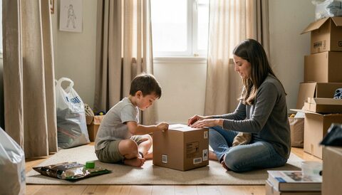 A family sitting on the floor of a half packed room, one child taping a cardboard box shut, a second box open beside them, curtains still hanging at the window.