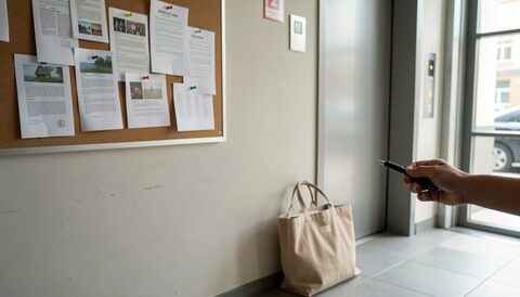 A noticeboard beside a lift lobby, four pinned sheets overlapping at the corners, a hand holding a pen just below them and a canvas tote bag resting on the floor tiles.