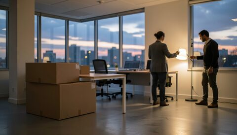 An open plan office at dusk seen from the far end, empty chairs pushed under the desks, one lit monitor, a cardboard box standing on a chair and a colleague switching off a desk lamp.
