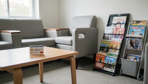 A clinic waiting room photographed from a low chair, a health insurance card lying face down on a low table, a rack of magazines behind and empty seats along the wall.