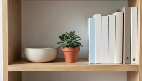 A home shelf photographed straight on with a plain ceramic bowl, a small potted plant and a row of book spines turned away from the camera, no lettering visible, in warm lamp light.