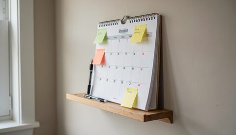 A wall calendar photographed straight on, four small colored sticky notes marking separate weeks, a pen resting on the ledge below and a paper clip holding the corner flat.