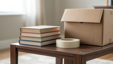 A stack of plain books on a low table beside an open cardboard box and a coil of packing tape, a paper bookmark slipping from the top volume in warm light.