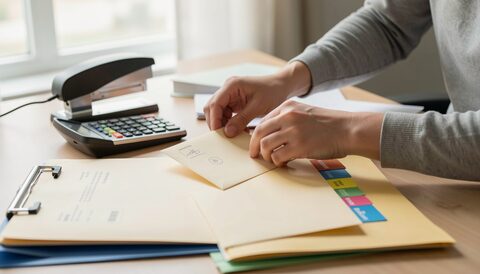 Two hands sorting plain envelopes across a wooden desk, a calculator and a stapler pushed to one side, a folder marked only by color tabs in daylight from the left.