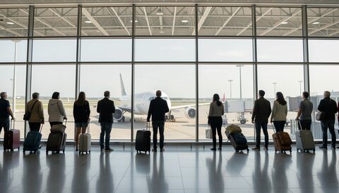 An airport departure hall seen from behind, travellers with suitcases standing at the tall windows, a wide aircraft on the tarmac outside and a departures board above the glass.