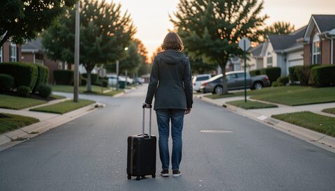 A person with a suitcase standing still in a familiar suburban street at dusk, low houses on both sides, wet paving reflecting the street lamps and a single lit window to the right.