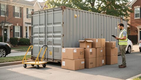 A shipping container on a residential street photographed from the curb, a hand truck and a stack of sealed cardboard boxes beside it, a worker holding a clipboard at the open door.